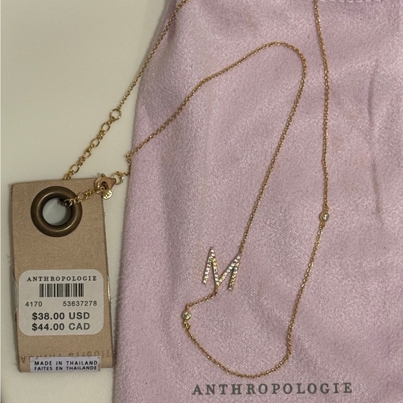 Anthropologie Gold 'M' Initial Pendant Necklace with Crystal Accents - Picture 8 of 8